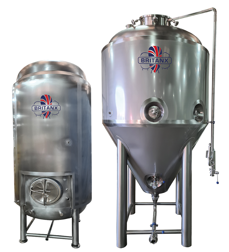 A stainless steel BBT and DVP brewery vessel with the BRITANX Logo in pride of place on both